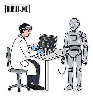 남자 일러스트 기술 실험 한명 컴퓨터 실험복 작업 연결 로봇 과학자 책상 프로그래밍 코딩 AI_인공지능 국내일러스트 AI파일 직업 1 과학 가구 사람 전자제품 가운 개발 컴퓨터교육 학자 파일형식 벡터