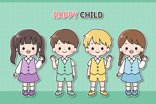 캐릭터 어린이 일러스트 웃음 소녀 소년 친구 손들기 귀여움 다양 국내일러스트 AI파일 여자 남자 다수 컨셉 관계 모션 표정 사람 파일형식 벡터