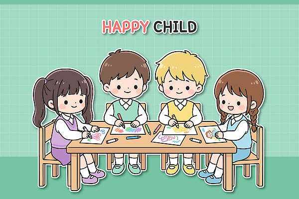 행복 종이 어린이 일러스트 놀이 탁자 수업 웃음 소녀 소년 친구 색칠 그리기 즐거움 그림 크레파스 국내일러스트 AI파일 여자 교육 남자 감정 가구 관계 모션 학용품 표정 사람 파일형식 벡터