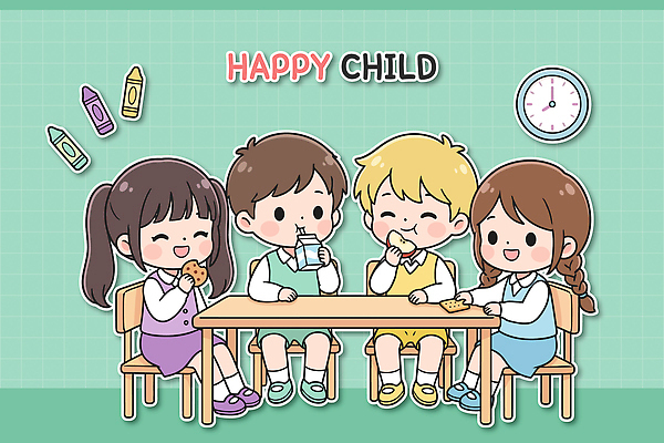 행복 음료 초등학생 어린이 음식 시계 일러스트 탁자 디저트 웃음 소녀 소년 친구 먹기 즐거움 크레파스 국내일러스트 AI파일 학생 여자 남자 감정 가구 관계 모션 학용품 표정 사람 파일형식 벡터