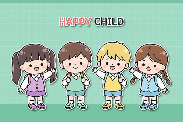 행복 어린이 포즈 가방 일러스트 함께함 초등학교 웃음 소녀 소년 친구 유치원 손인사 국내일러스트 AI파일 잡화 여자 교육 남자 감정 컨셉 학교 관계 표정 사람 인사 파일형식 벡터