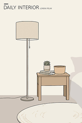 화분 가구 일러스트 조명 실내 책 인테리어 공간 방 스탠드 모던 나무탁자 국내일러스트 AI파일 디자인 생활용품 탁자 내부 파일형식 벡터