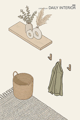 식물 일러스트 선반 실내 인테리어 바구니 깨끗함 외투 공간 매트 옷걸이 모던 국내일러스트 AI파일 디자인 가구 컨셉 상의 내부 파일형식 벡터