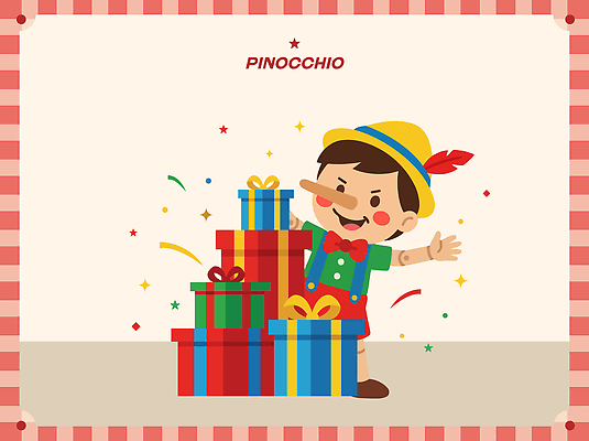 캐릭터 어린이 일러스트 선물 장식 상자 파티 기쁨 축하 생일 즐거움 피노키오 국내일러스트 AI파일 기념일 감정 컨셉 동화 사람 이벤트 파일형식 벡터