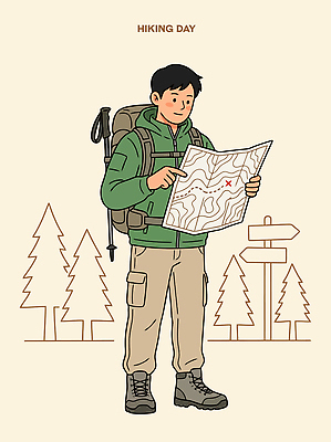 나무 남자 지도 일러스트 배낭 자연 산 야외 등산 하이킹 도전 확인 준비 등산화 국내일러스트 AI파일 식물 신발 가방 레저 사람 트래킹 생태계 등산용품 파일형식 벡터