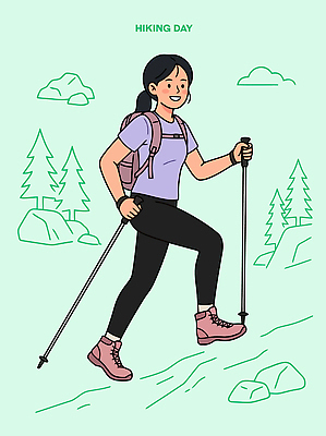 나무 여자 일러스트 배낭 자연 산 야외 운동 걷기 등산 하이킹 바위 막대기 즐거움 산행 국내일러스트 AI파일 식물 감정 가방 모션 레저 건강 사람 트래킹 생태계 파일형식 벡터