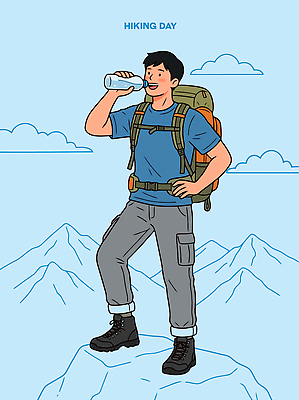 남자 일러스트 배낭 자연 하늘 산 건강 물 운동 등산 하이킹 장비 정상 즐거움 국내일러스트 AI파일 자연요소 감정 가방 레저 사람 트래킹 생태계 파일형식 벡터