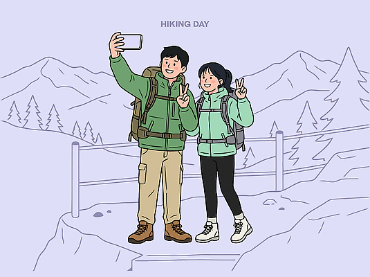 나무 여자 남자 일러스트 자연 산 웃음 야외 친구 등산 하이킹 도전 셀프카메라 즐거움 국내일러스트 AI파일 식물 감정 관계 레저 표정 사람 사진촬영 트래킹 생태계 파일형식 벡터