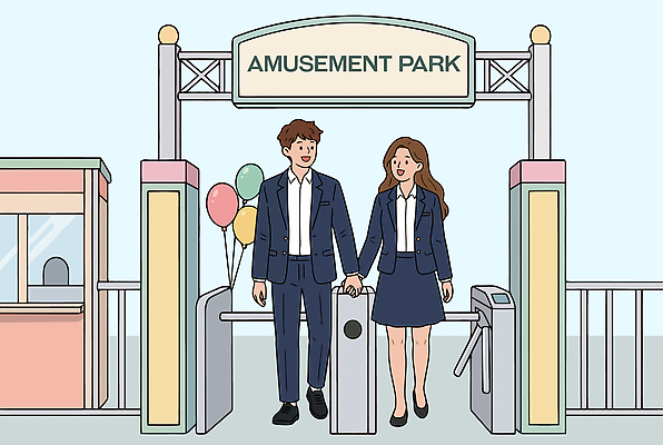 커플 여자 남자 행복 일러스트 출입구 정장 성인 치마 놀이공원 게임 블라우스 풍선 국내일러스트 AI파일 옷 감정 상의 관계 놀이 하의 사람 테마파크 파일형식 벡터