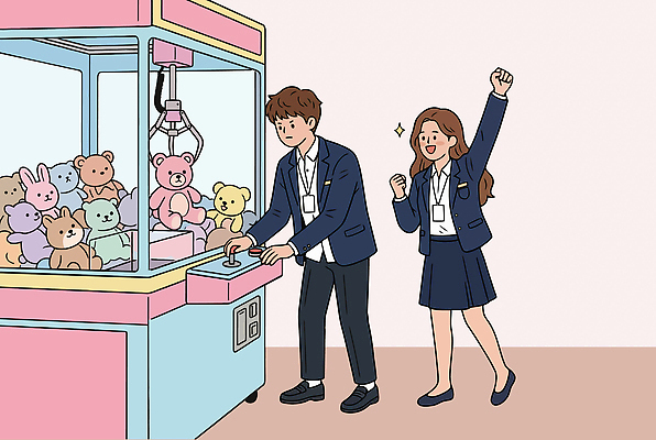 커플 여자 남자 인형 일러스트 놀이 버튼 함께함 귀여움 기계 기쁨 놀이공원 즐거움 동물인형 오락실 인형뽑기 국내일러스트 AI파일 감정 컨셉 관계 사람 테마파크 파일형식 벡터