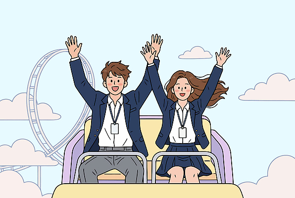 커플 감정 일러스트 하늘 함께함 웃음 사람 놀이공원 자유 놀이기구 즐거움 롤러코스터 스릴 국내일러스트 AI파일 컨셉 관계 표정 테마파크 파일형식 벡터
