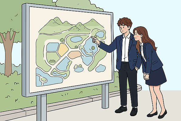 커플 공원 여자 남자 지도 일러스트 놀이공원 정보 가리킴 위치 탐색 관심 국내일러스트 AI파일 공공시설 관계 사람 손짓 테마파크 파일형식 벡터