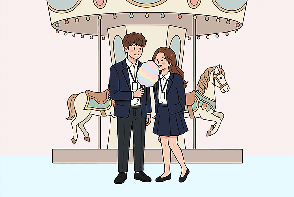 캐릭터 커플 여자 남자 행복 일러스트 놀이 웃음 놀이공원 만남 놀이기구 즐거움 회전목마 솜사탕 국내일러스트 AI파일 감정 컨셉 관계 디저트 표정 사람 테마파크 파일형식 벡터