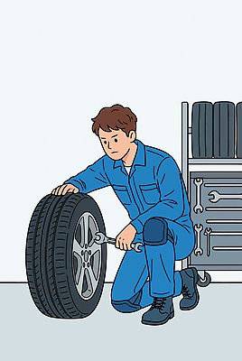 일러스트 자동차 기계 도구 스패너 작업 작업장 수리 타이어 정비공 교체 작업대 국내일러스트 AI파일 산업 육상교통 공구 기술자 파일형식 벡터