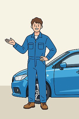 남자 일러스트 자동차 작업복 미소 사람 파란색 기계 인사 작업 기술자 수리 정비공 자동차정비 국내일러스트 AI파일 직업 옷 육상교통 컬러 표정 예절 파일형식 벡터