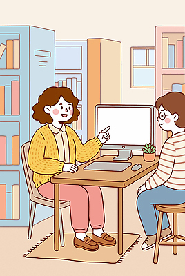 일러스트 실내 대화 사람 책 친구 학습 컴퓨터 방 만남 교류 국내일러스트 AI파일 교육 컨셉 관계 말하기 내부 전자제품 파일형식 벡터