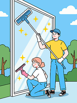 나무 여자 남자 일러스트 창문 모션 하늘 협력 햇빛 청결 도구 작업 막대기 청소 국내일러스트 AI파일 식물 사람 태양 위생 파일형식 벡터