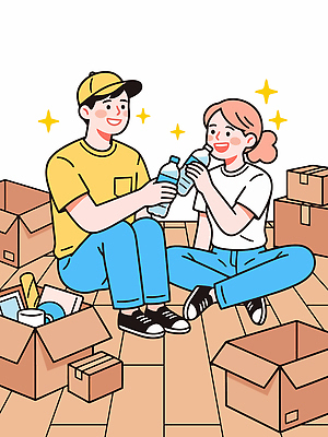 일러스트 모션 협력 대화 사람 친구 상자 공간 도움 청소 물병 즐거움 정리 소통 국내일러스트 AI파일 감정 컨셉 관계 말하기 물통 파일형식 벡터