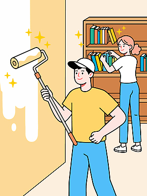 여자 남자 벽 컬러 일러스트 모션 책장 실내 책 인테리어 페인트 공간 도구 작업 색칠 청소 그림 정리 국내일러스트 AI파일 디자인 가구 사람 내부 파일형식 벡터