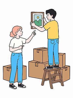 여자 남자 벽 일러스트 사다리 모션 실내 사람 장식 상자 공간 가리킴 작업 그림 정리 설치 걸기 국내일러스트 AI파일 손짓 내부 도구 파일형식 벡터