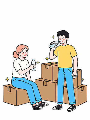 여자 남자 티셔츠 일러스트 모션 휴식 웃음 사람 물 친구 상자 노란색 마시기 흰색 물병 정리 국내일러스트 AI파일 자연요소 컬러 컨셉 셔츠 관계 표정 물통 파일형식 벡터