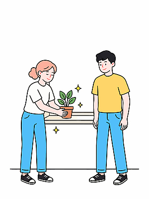 식물 남자 화분 일러스트 관계 모션 실내 선물 웃음 사람 친구 인테리어 공간 거래 나눔 국내일러스트 AI파일 디자인 표정 내부 파일형식 벡터