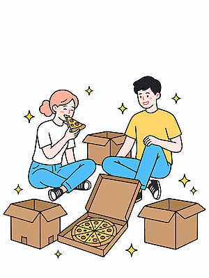 행복 일러스트 모션 바닥 피자 함께함 대화 웃음 일상 친구 식사 먹기 즐거움 빈상자 국내일러스트 AI파일 감정 컨셉 관계 패스트푸드 서양음식 표정 말하기 라이프 상자 파일형식 벡터