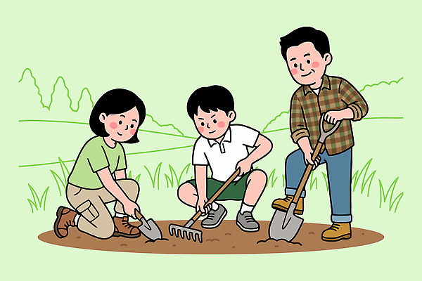 나무 식물 어린이 일러스트 모션 자연 협력 친구 정원 흙 성장 삽 식목일 즐거움 나무심기 갈퀴 심기 국내일러스트 AI파일 기념일 감정 관계 사람 생태계 파일형식 벡터