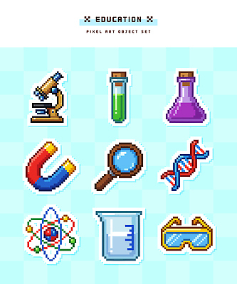 교육 과학 일러스트 현미경 실험기구 실험 도구 화학 DNA 비커 원자 확대경 과학교육 자석 픽셀 국내일러스트 AI파일 생명공학 파일형식 벡터