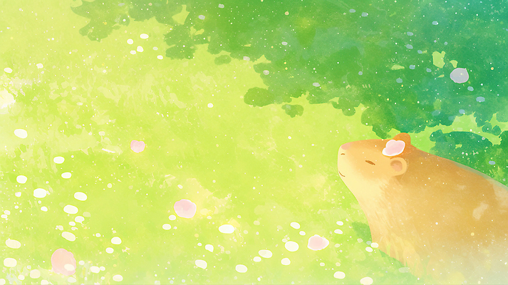 JPG 동물 꽃 행복 일러스트 자연 휴식 잔디 초원 햇빛 평화 봄 기쁨 숲 순간 카피바라 국내일러스트 AI일러스트 AI콘텐츠 식물 계절 감정 컨셉 초식동물 태양 설치류 생태계 파일형식