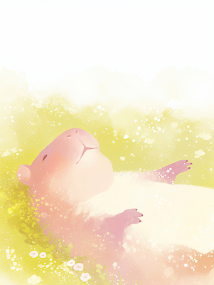 JPG 동물 꽃 행복 일러스트 생명 휴식 초원 햇빛 평화 편안함 즐거움 장면 부드러움 카피바라 국내일러스트 AI일러스트 AI콘텐츠 식물 감정 컨셉 초식동물 태양 감각 설치류 파일형식