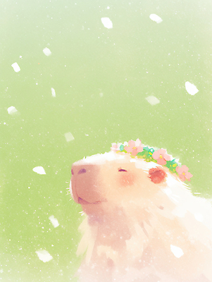 JPG 꽃 행복 감정 겨울 일러스트 자연 표정 웃음 초원 귀여움 장면 녹색배경 카피바라 국내일러스트 AI일러스트 AI콘텐츠 식물 계절 백그라운드 컨셉 초식동물 초록색 설치류 생태계 파일형식