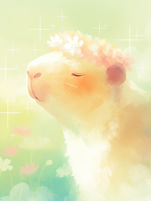 JPG 식물 동물 꽃 여유 일러스트 자연 표정 초원 장식 햇빛 정원 편안함 카피바라 국내일러스트 AI일러스트 AI콘텐츠 감정 초식동물 태양 감각 설치류 생태계 파일형식