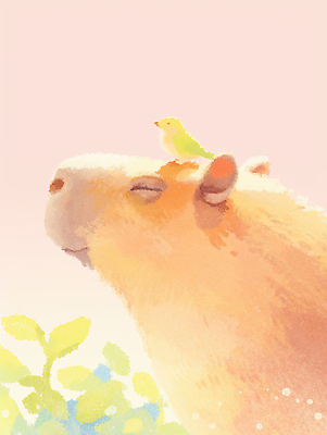 JPG 동물 일러스트 자연 조류 햇빛 평화 귀여움 편안함 그림 머리위 카피바라 국내일러스트 AI일러스트 AI콘텐츠 컨셉 초식동물 태양 감각 설치류 생태계 파일형식