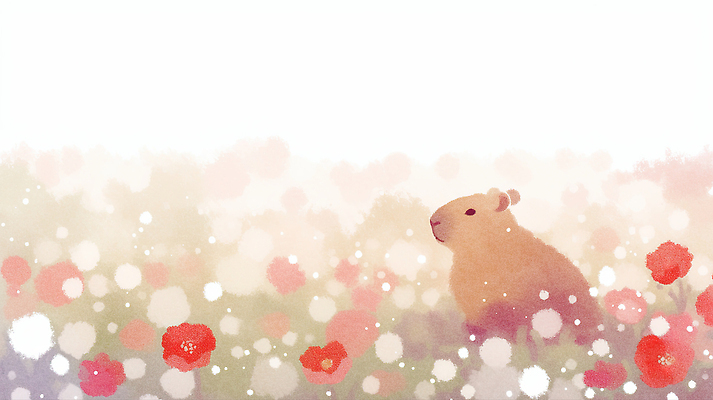 JPG 식물 동물 꽃 일러스트 자연 생명 따뜻함 풍경 초원 햇빛 귀여움 카피바라 국내일러스트 AI일러스트 AI콘텐츠 컨셉 초식동물 태양 설치류 생태계 파일형식