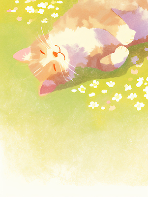 JPG 식물 동물 꽃 일러스트 자연 휴식 초원 햇빛 귀여움 고양이 수면 편안함 그림 낮잠 오후 국내일러스트 AI일러스트 AI콘텐츠 컨셉 포유류 반려동물 태양 잠 감각 생태계 파일형식