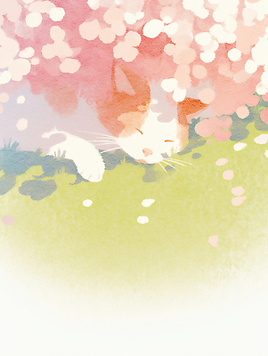 JPG 꽃잎 분홍색 일러스트 봄꽃 자연 휴식 초록색 고양이 봄 수면 편안함 낮잠 조용 국내일러스트 AI일러스트 AI콘텐츠 계절 꽃 컬러 컨셉 포유류 반려동물 잠 감각 생태계 파일형식