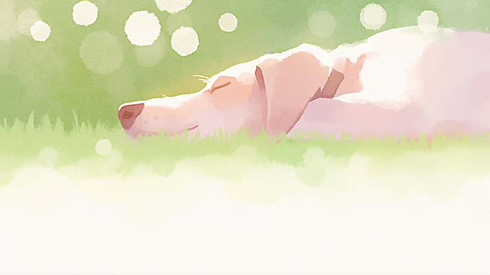 JPG 동물 행복 일러스트 자연 휴식 초원 햇빛 강아지 편안함 순수 낮잠 국내일러스트 AI일러스트 AI콘텐츠 감정 컨셉 반려동물 태양 잠 감각 개 생태계 파일형식