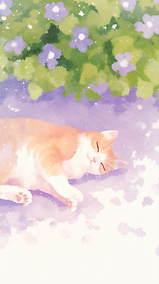 JPG 식물 동물 꽃 일러스트 자연 휴식 털 햇빛 귀여움 보라색 고양이 수면 편안함 낮잠 부드러움 국내일러스트 AI일러스트 AI콘텐츠 컬러 컨셉 포유류 반려동물 태양 잠 감각 생태계 파일형식