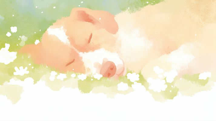 JPG 식물 동물 꽃 꽃밭 일러스트 자연 잔디 초원 초록색 햇빛 귀여움 잠 강아지 편안함 낮잠 국내일러스트 AI일러스트 AI콘텐츠 컬러 컨셉 반려동물 태양 감각 개 생태계 파일형식