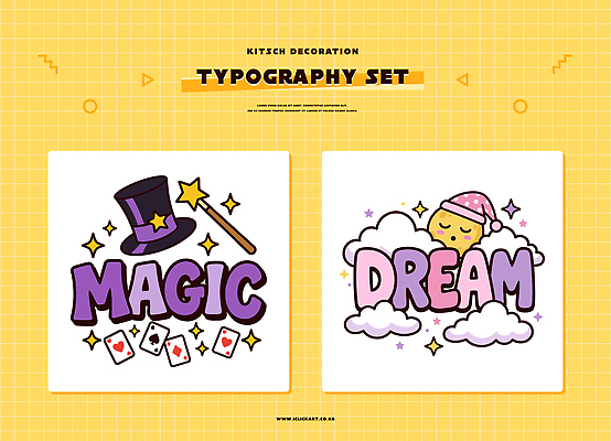 디자인 스티커 일러스트 타이포그라피 그래픽 장식 노란색 꿈 달 트럼프 팝아트 마술사모자 마법 창의성 키치 국내일러스트 AI파일 자연요소 문자 모자_잡화 컬러 컨셉 놀이용품 그림 파일형식 벡터