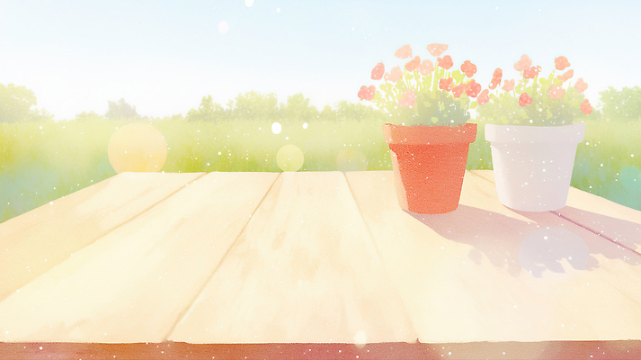 JPG 식물 꽃 화분 일러스트 자연 탁자 풍경 초원 야외 햇빛 정원 봄 국내일러스트 AI일러스트 AI콘텐츠 계절 가구 태양 생태계 파일형식