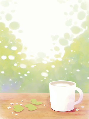 JPG 커피 음료 백그라운드 잎 일러스트 탁자 휴식 실내 따뜻함 컵 초록색 봄 그림 차분 국내일러스트 AI일러스트 AI콘텐츠 식물 식기 계절 컬러 가구 컨셉 내부 파일형식