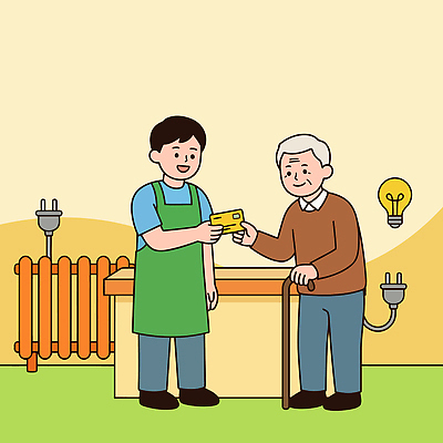 노년 일러스트 전구 친절 대화 청년 일상 앞치마 거래 도움 난로 서비스 장면 소통 지원 지원금 국내일러스트 AI파일 컨셉 말하기 성인 라이프 난방기 파일형식 벡터