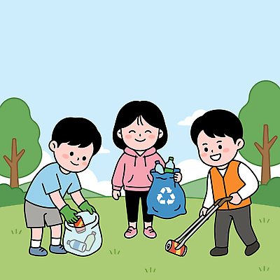 나무 공원 일러스트 모션 자연 협력 봉투 초원 야외 친구 자연보호 청결 재활용 쓰레기 청소 쓰레기줍기 지구의날 국내일러스트 AI파일 식물 공공시설 기념일 관계 보호 위생 친환경 생태계 파일형식 벡터 줍기