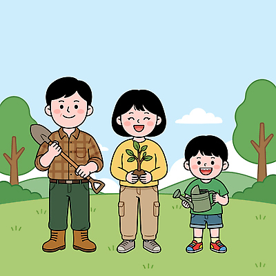 나무 식물 어린이 일러스트 가족 모션 자연 함께함 웃음 초원 부모 자연보호 환경 정원 도구 식목일 나무심기 심기 지구의날 국내일러스트 AI파일 기념일 컨셉 관계 표정 사람 보호 생태계 파일형식 벡터