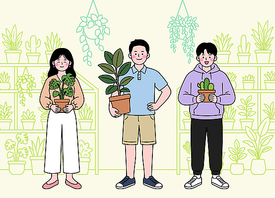 식물 캐릭터 여자 남자 화분 잎 일러스트 실내 사람 취미 친구 상점 원예 홈가드닝 국내일러스트 AI파일 관계 내부 파일형식 벡터