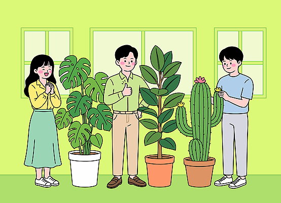 식물 컬러 일러스트 창문 모션 선인장 웃음 사람 여러명 친구 공간 기쁨 방 즐거움 원예 몬스테라 홈가드닝 국내일러스트 AI파일 감정 다수 관계 표정 취미 파일형식 벡터