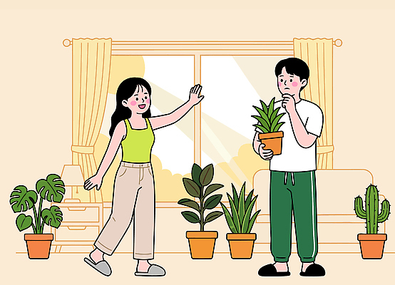 식물 행복 화분 일러스트 창문 선인장 실내 대화 일상 초록색 친구 인테리어 홈가드닝 국내일러스트 AI파일 디자인 감정 컬러 관계 말하기 내부 라이프 원예 파일형식 벡터