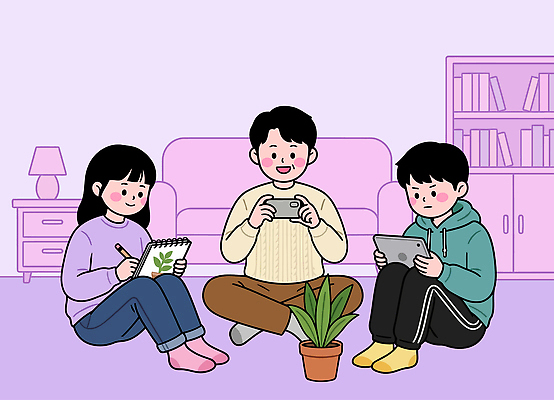 식물 행복 거실 일러스트 모션 휴식 앉기 취미 친구 스마트폰 소파 태블릿 공책 공간 그림 교감 홈가드닝 국내일러스트 AI파일 감정 컨셉 의자 관계 문구용품 전자제품 핸드폰 스마트기기 원예 파일형식 벡터